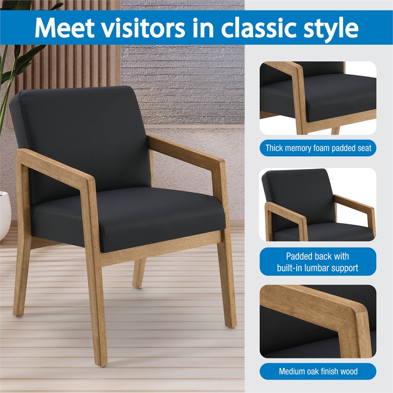 Scranton & Co Black Faux Leather Visitor Chair with Medium Oak Wood Frame