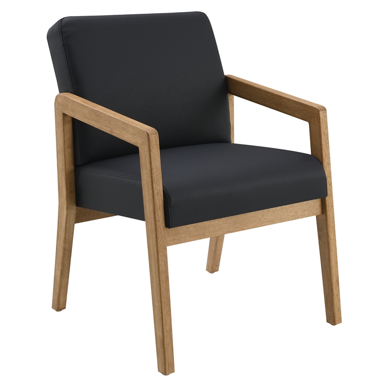 Scranton & Co Black Faux Leather Visitor Chair with Medium Oak Wood Frame