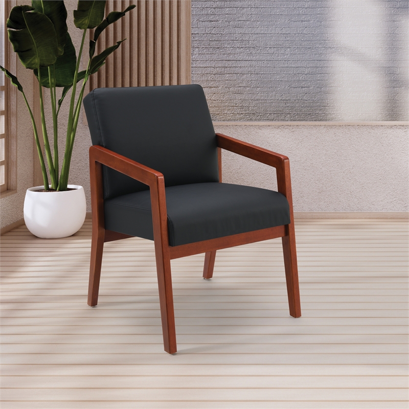 Scranton & Co Black Faux Leather Visitor Chair with Cherry Wood Finish