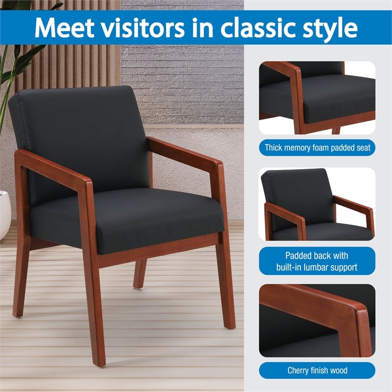 Scranton & Co Black Faux Leather Visitor Chair with Cherry Wood Finish