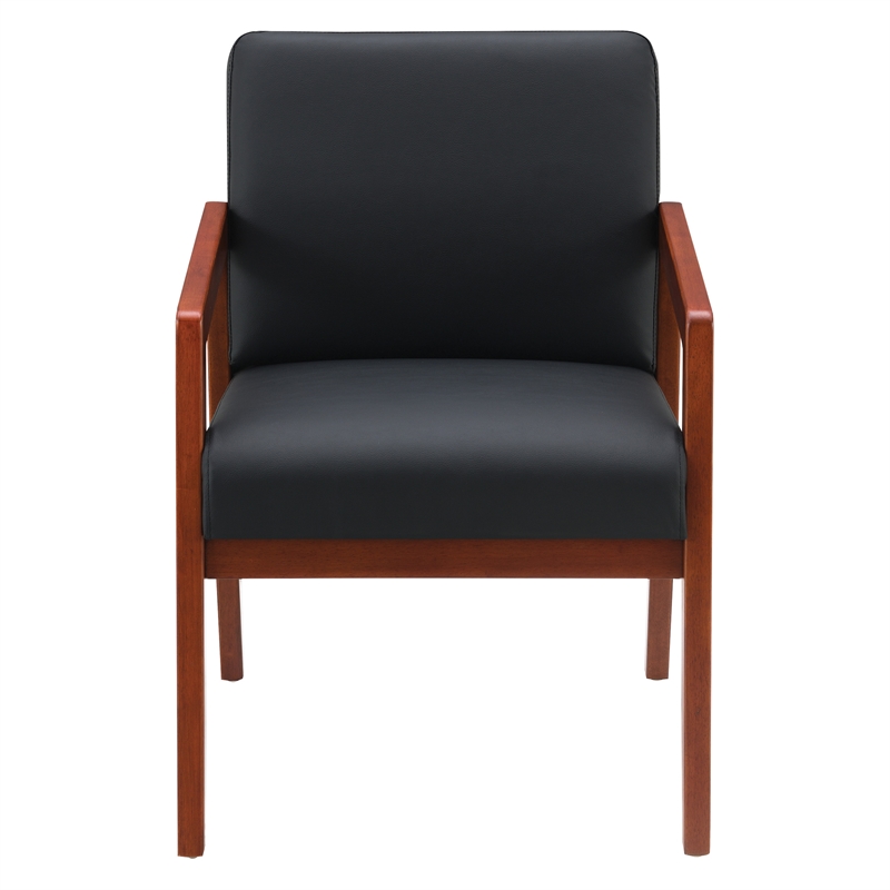 Scranton & Co Black Faux Leather Visitor Chair with Cherry Wood Finish
