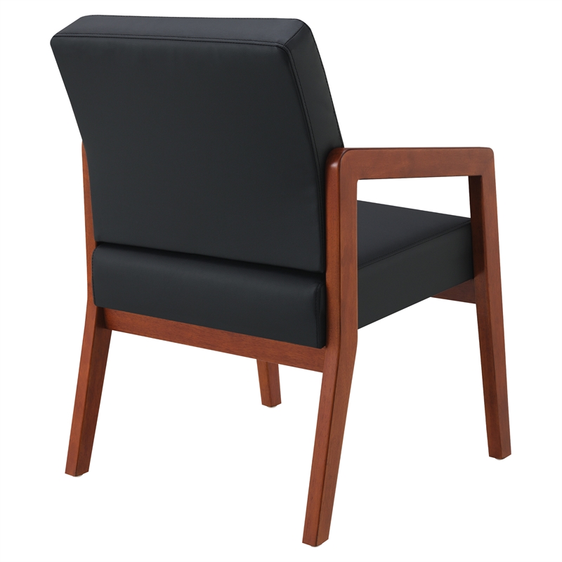 Scranton & Co Black Faux Leather Visitor Chair with Cherry Wood Finish