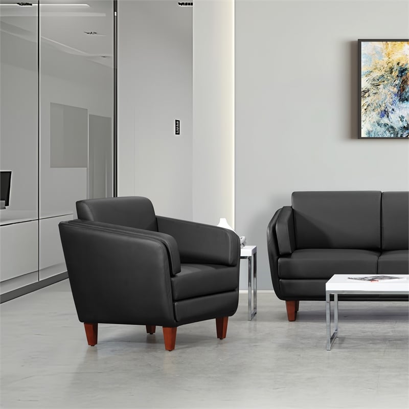 Scranton & Co Black Faux Leather Accent Chair with Cherry Finish Legs