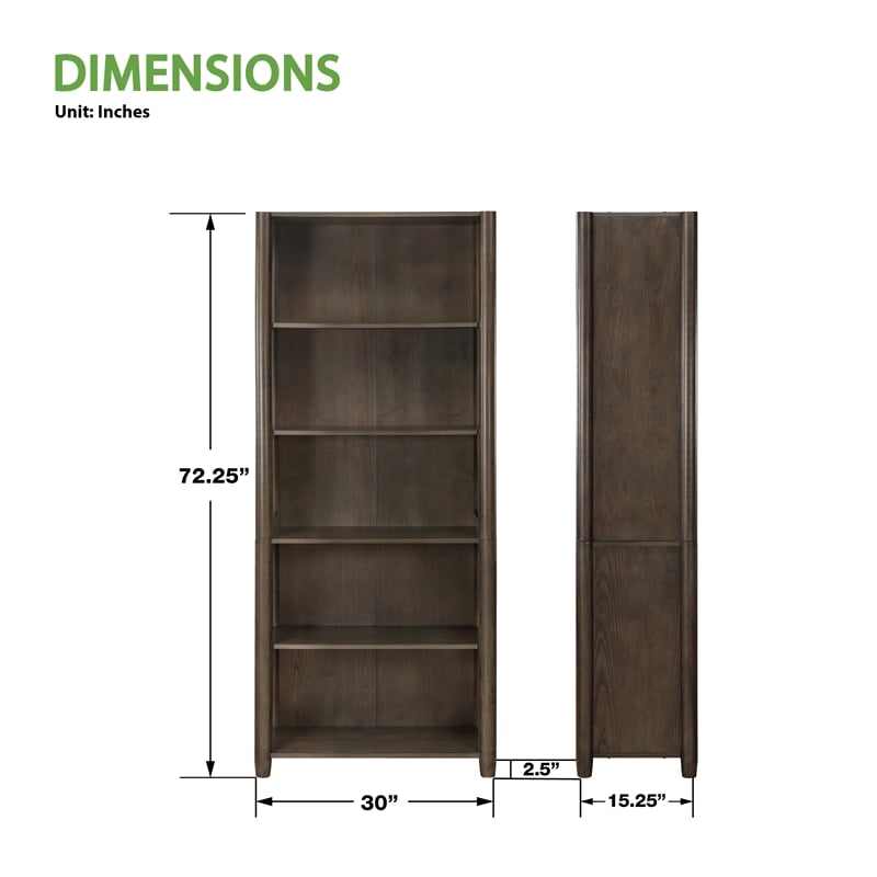 Scranton & Co 5-Shelf Bookcase in Burnt Ash Finish with Adjustable Shelves