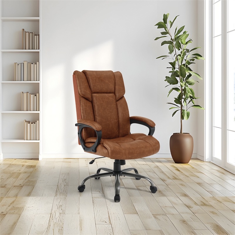 Scranton & Co High-Back Saddle Brown Faux Leather Executive Chair Titanium