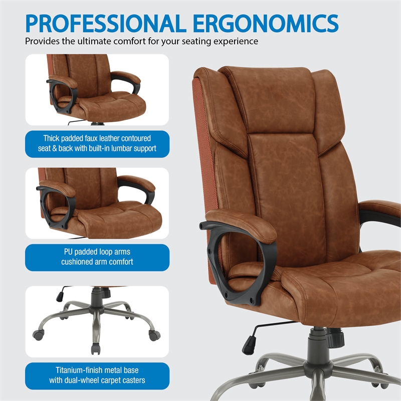 Scranton & Co High-Back Saddle Brown Faux Leather Executive Chair Titanium