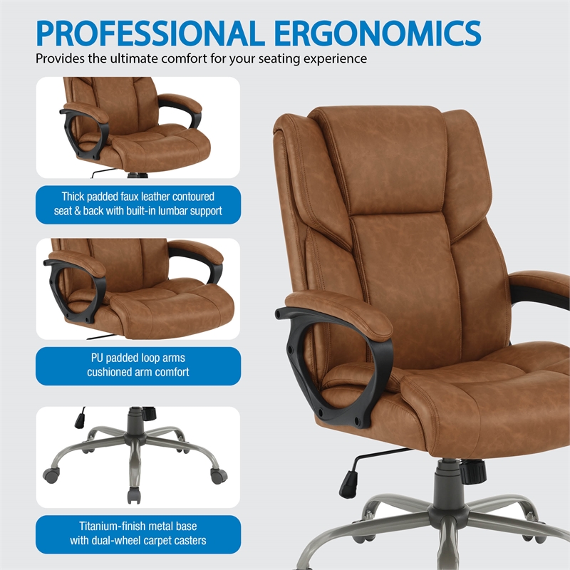Scranton & Co Mid-Back Saddle Brown Faux Leather Executive Chair Titanium