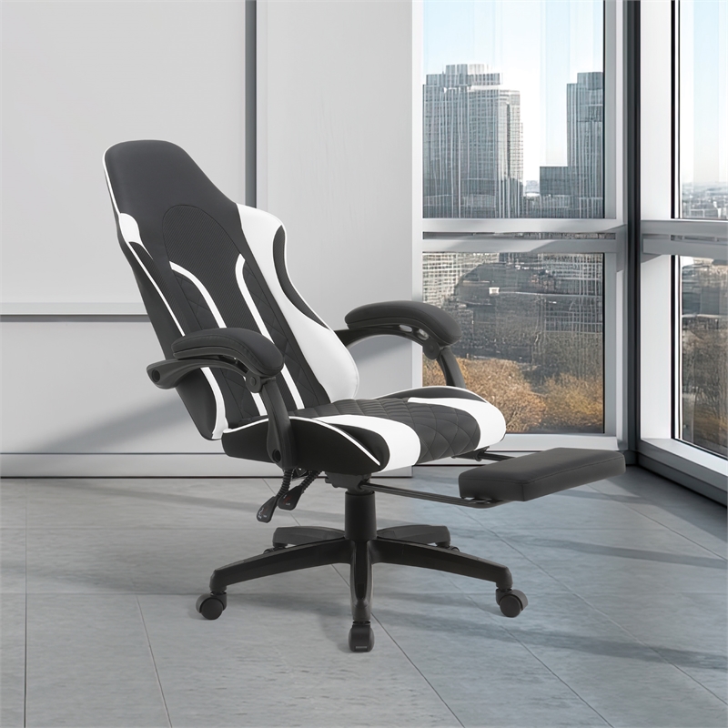 Scranton & Co Gaming Chair with Retractable Footrest in White Faux Leather