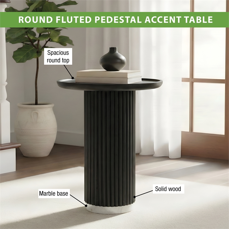 Scranton & Co Round Solid Wood Fluted Pedestal Accent Table in Black