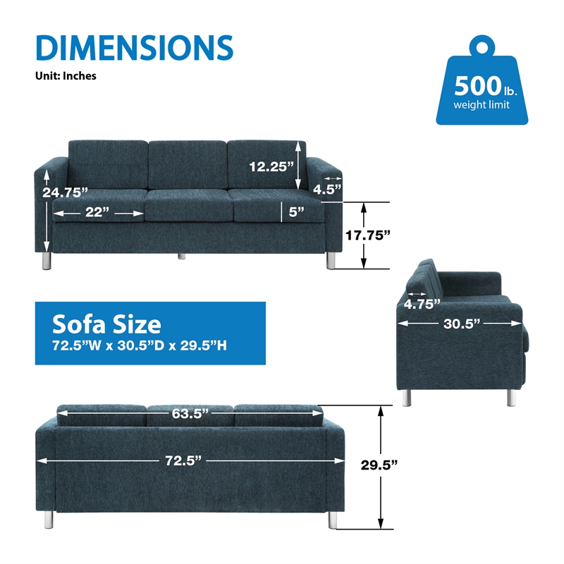 Scranton & Co Easy-Care Sofa in Navy Fabric with Chrome Finish Legs