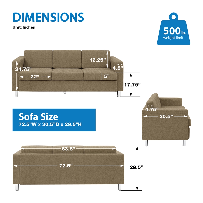 Scranton & Co Easy-Care Sofa in Taupe Fabric with Chrome Finish Legs