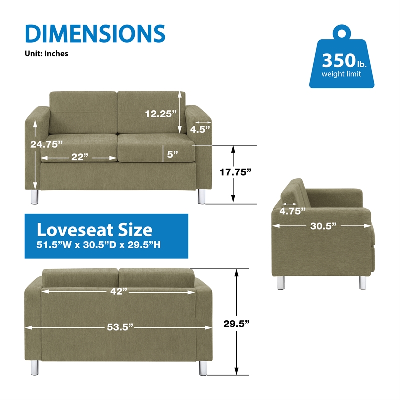 Scranton & Co Easy-Care Loveseat in Sea Green Fabric with Chrome Finished Legs