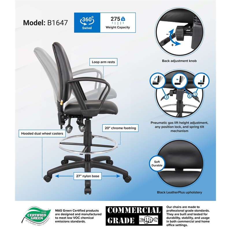 Scranton & Co LeatherPlus Drafting Stool with Loop Arms and Footring in Black