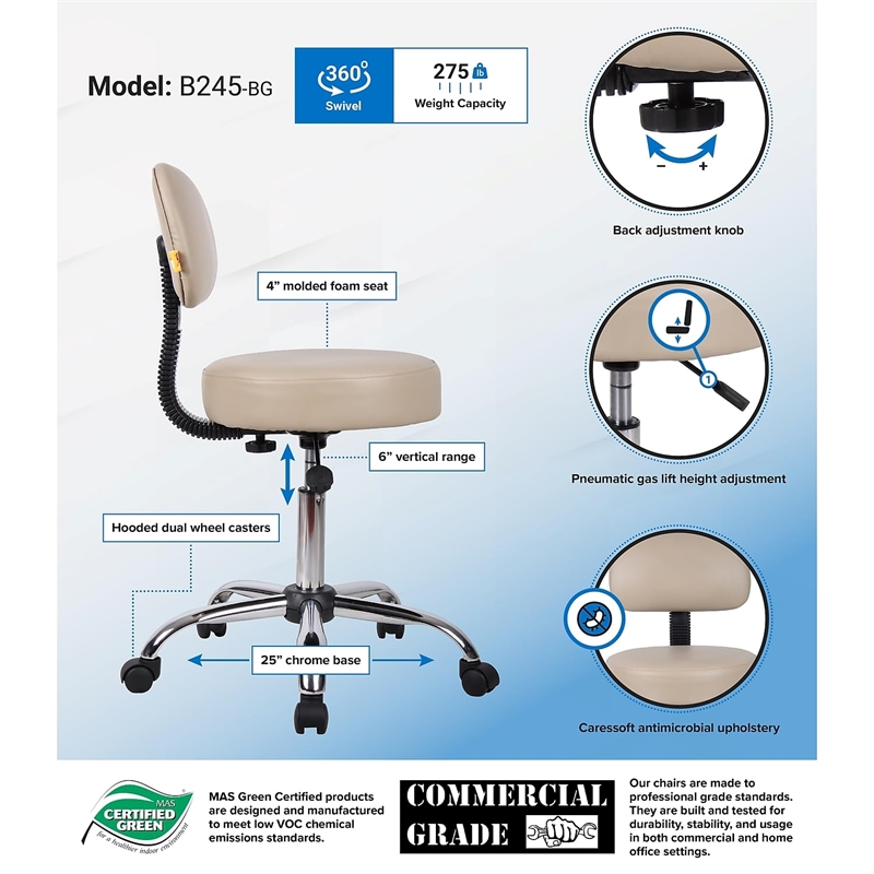 Scranton & Co Vinyl Mid-Back Medical Stool with Adjustable Back Depth in Beige