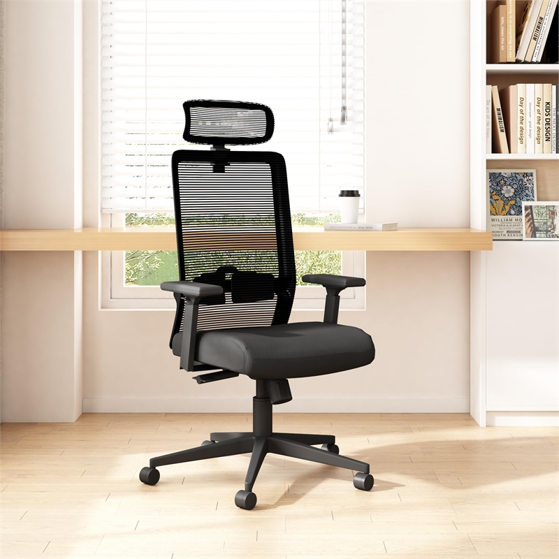 Scranton & Co Mesh Back Vinyl Task Chair with Headrest and Synchro-Tilt in Black
