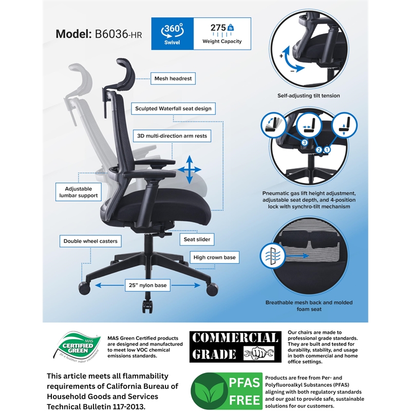 Scranton & Co Mesh Back Vinyl Task Chair with Headrest and Synchro-Tilt in Black