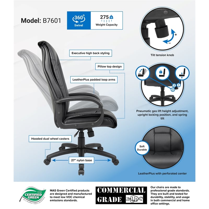 Scranton & Co LeatherPlus Spring Tilt Executive Chair with Pillow Top in Black