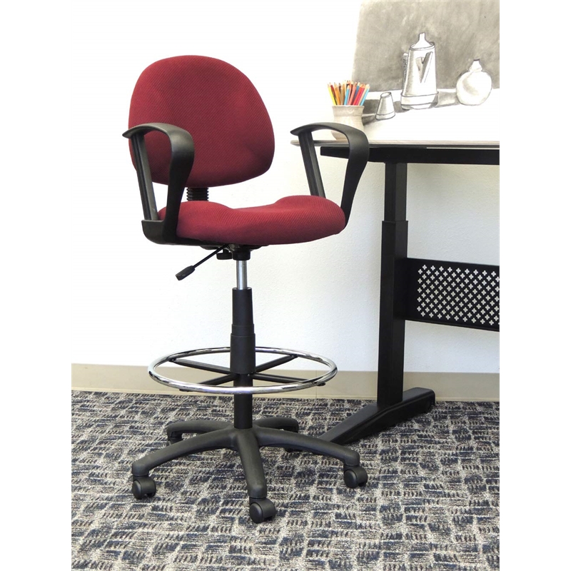 Scranton & Co Contoured Fabric Drafting Stool with Loop Arms in Burgundy
