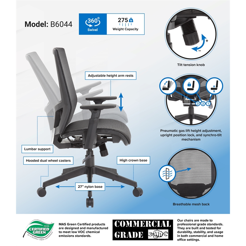 Scranton & Co Mesh Back Task Chair with Synchro-Tilt & Adjustable Arms in Black