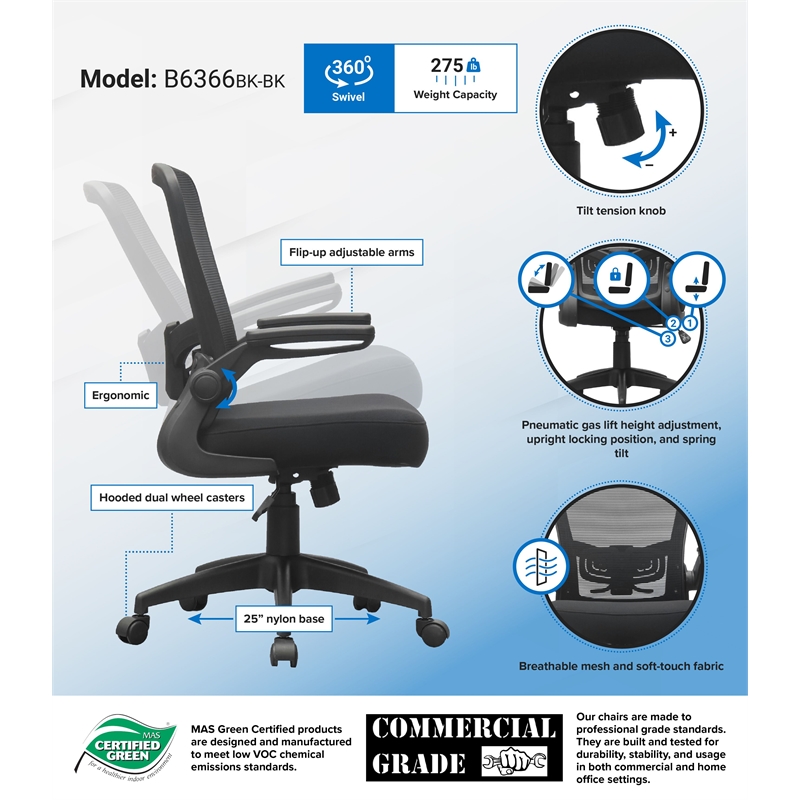 Scranton & Co Flip Arm Mesh Task Chair with Spring Tilt in Black