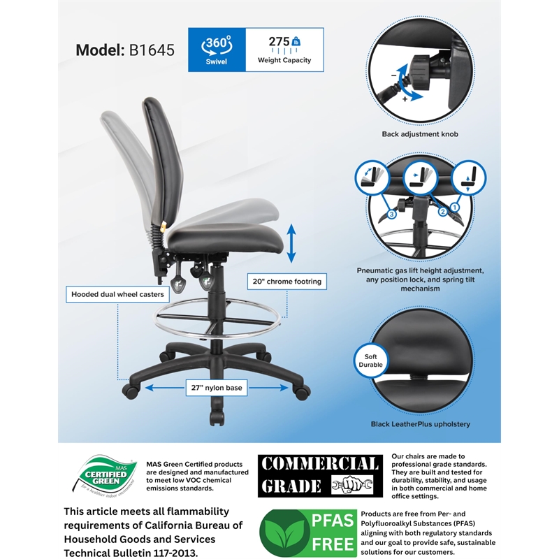 Scranton & Co LeatherPlus Multi-Function Drafting Stool with Footring in Black