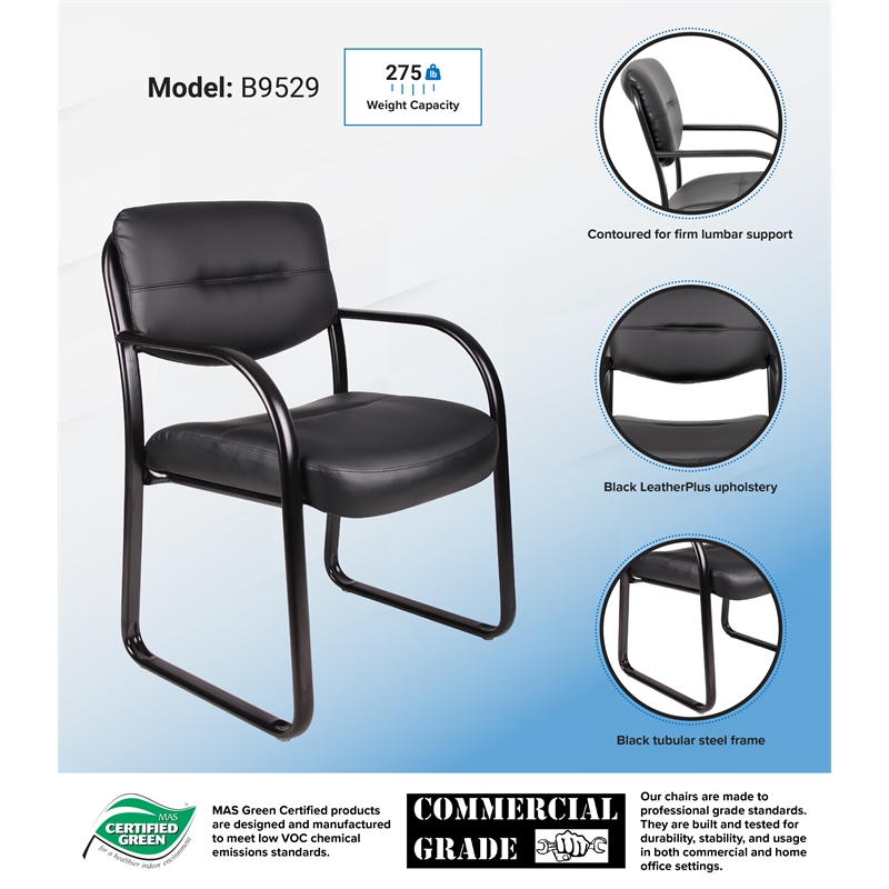 Scranton & Co LeatherPlus Guest Chair with Polished Steel Sled Base in Black