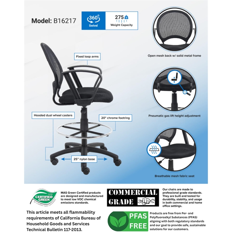 Scranton & Co Mesh Back Fabric Drafting Chair with Loop Arms & Footring in Black