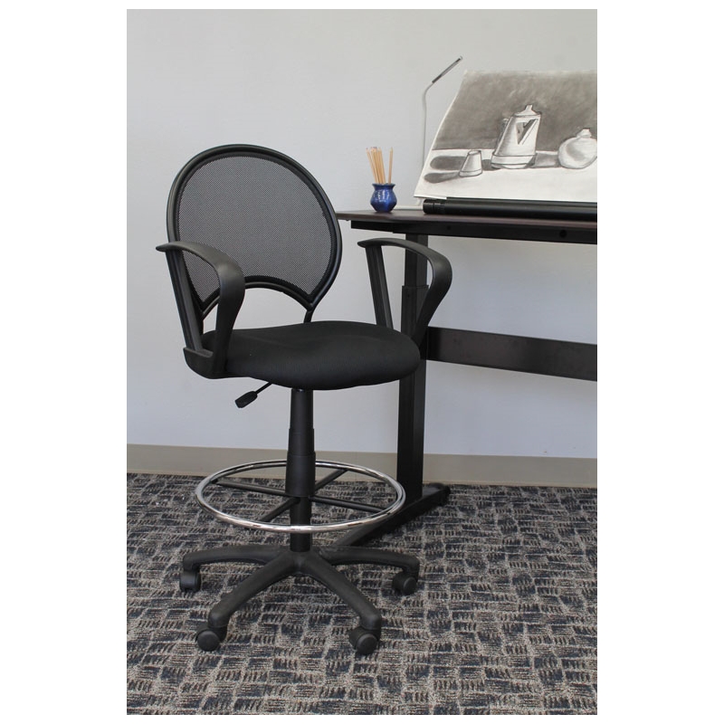 Scranton & Co Mesh Back Fabric Drafting Chair with Loop Arms & Footring in Black