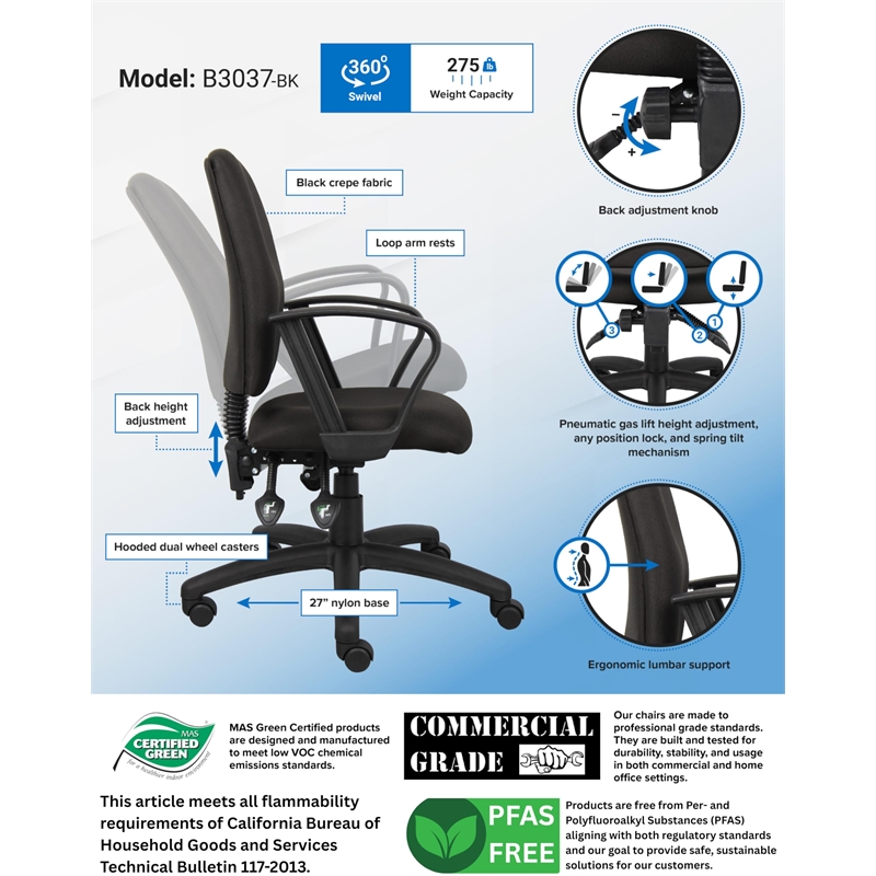 Scranton & Co Fabric Task Chair with Loop Arms and Back Angle Lock in Black