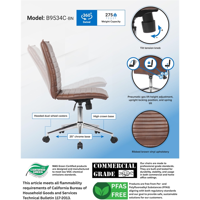 Scranton & Co Ribbed Vinyl Armless Task Chair with Chrome Base in Brown
