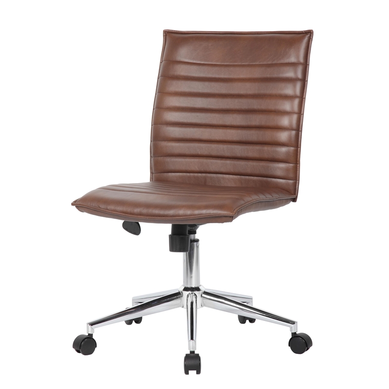 Scranton & Co Ribbed Vinyl Armless Task Chair with Chrome Base in Brown