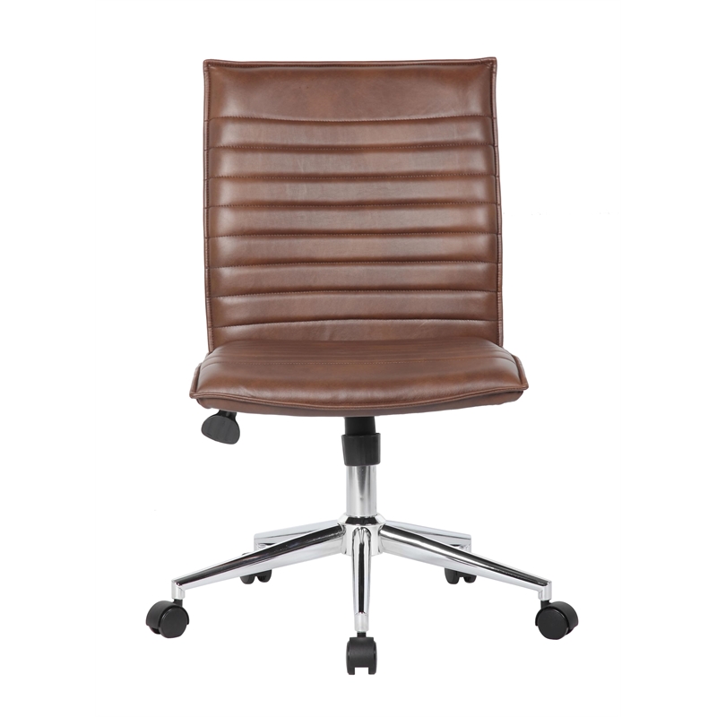 Scranton & Co Ribbed Vinyl Armless Task Chair with Chrome Base in Brown