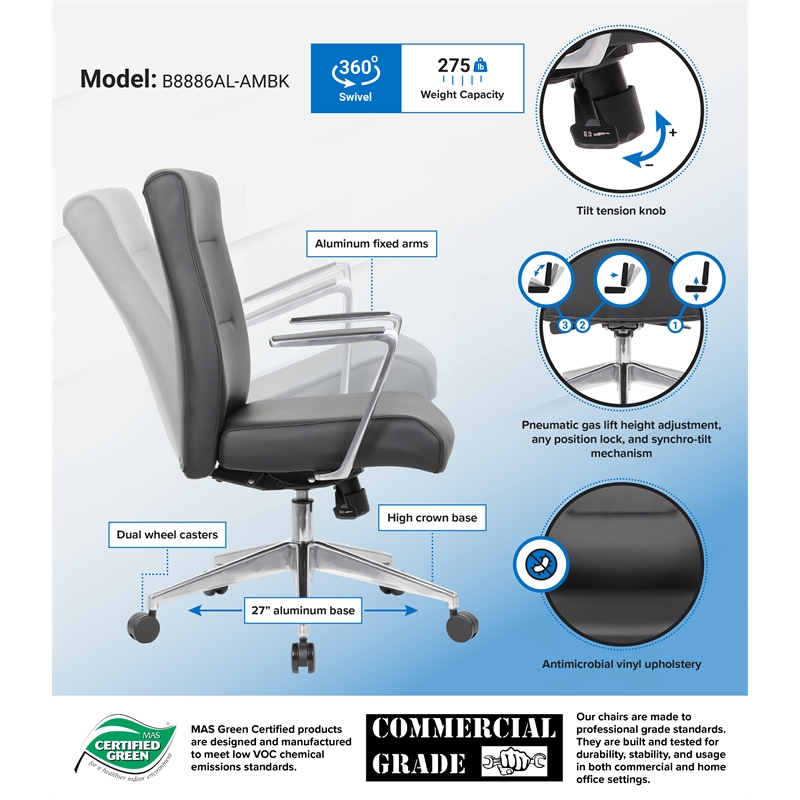 Scranton & Co Vinyl Conference Chair with Aluminum Base & Synchro-Tilt in Black