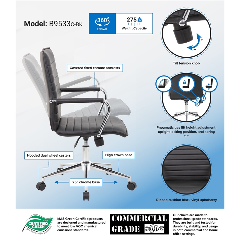 Scranton & Co Ribbed Back Vinyl Desk Chair with Chrome Arms and Base in Black