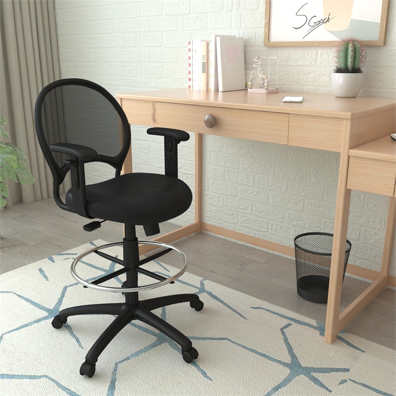 Scranton & Co Mesh Back Fabric Drafting Chair with Adjustable Arms in Black