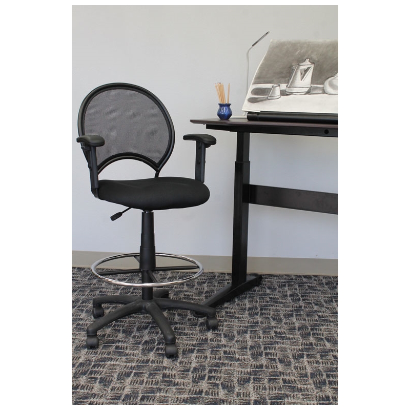 Scranton & Co Mesh Back Fabric Drafting Chair with Adjustable Arms in Black
