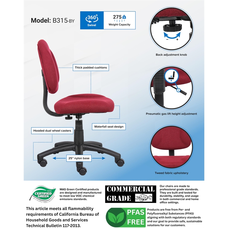 Scranton & Co Fabric Posture Office Chair with Waterfall Seat in Burgundy