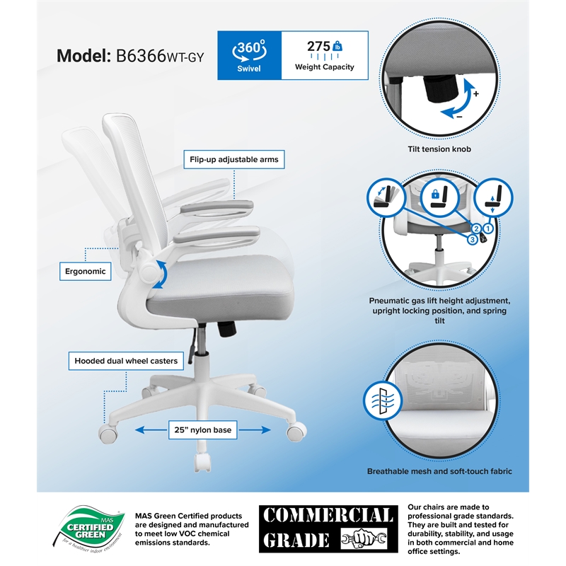 Scranton & Co Ergonomic Mesh Task Chair with Flip-Up Arms in Grey/White