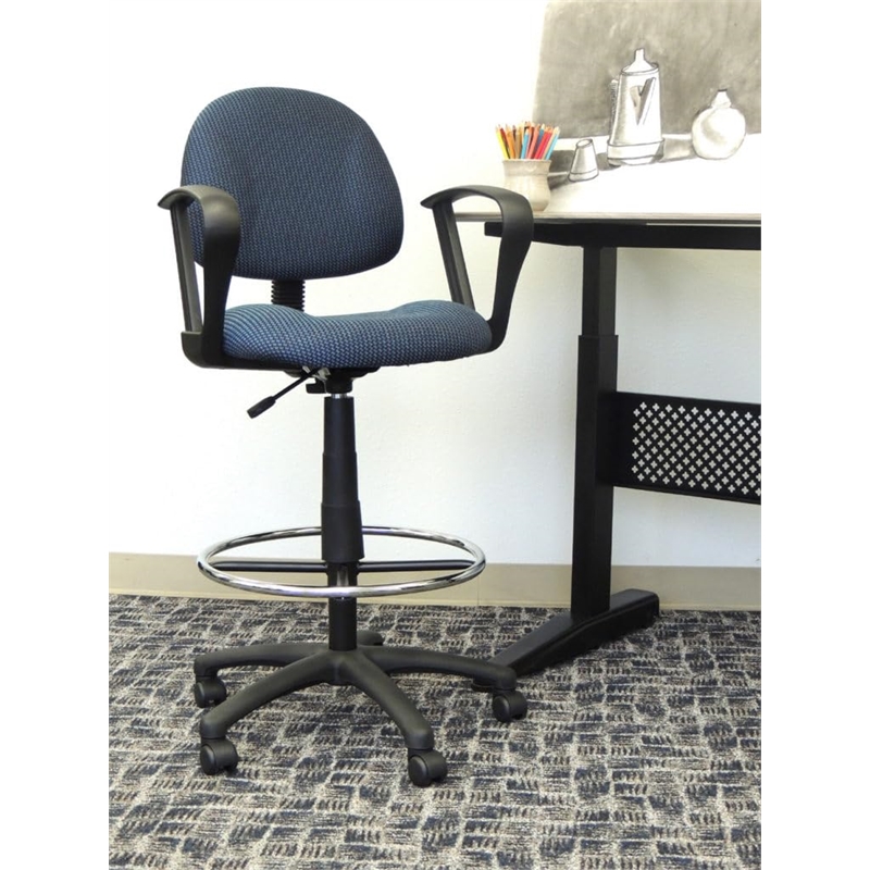 Scranton & Co Contoured Fabric Drafting Stool with Loop Arms in Blue