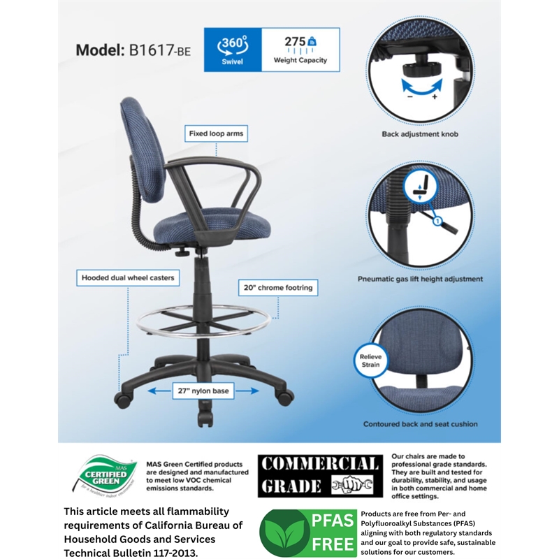 Scranton & Co Contoured Fabric Drafting Stool with Loop Arms in Blue
