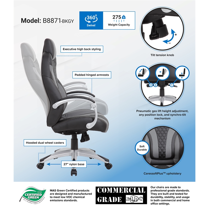 Scranton & Co Vinyl Executive Chair with Synchro-Tilt & Hinged Arms - Black/Gray
