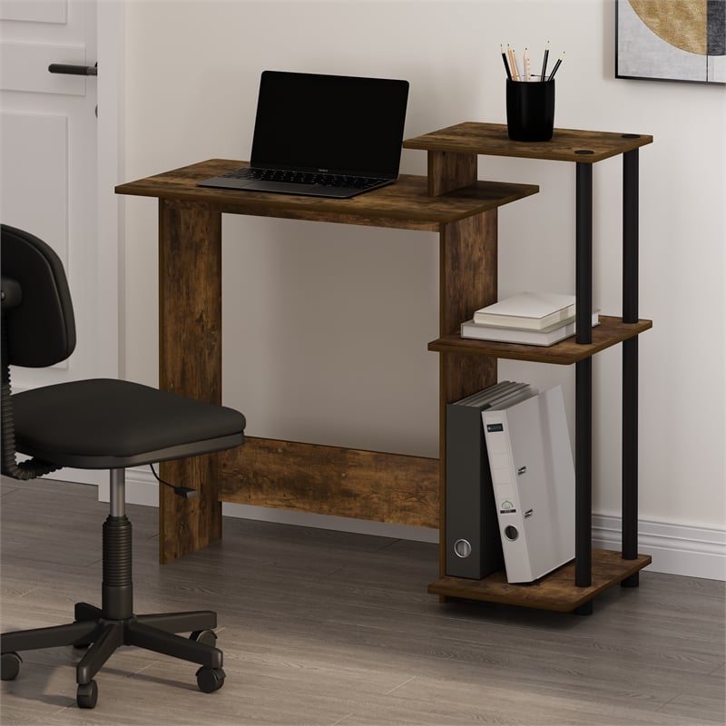 Scranton & Co Compact Computer Desk with Side Shelves in Amber Pine/Black