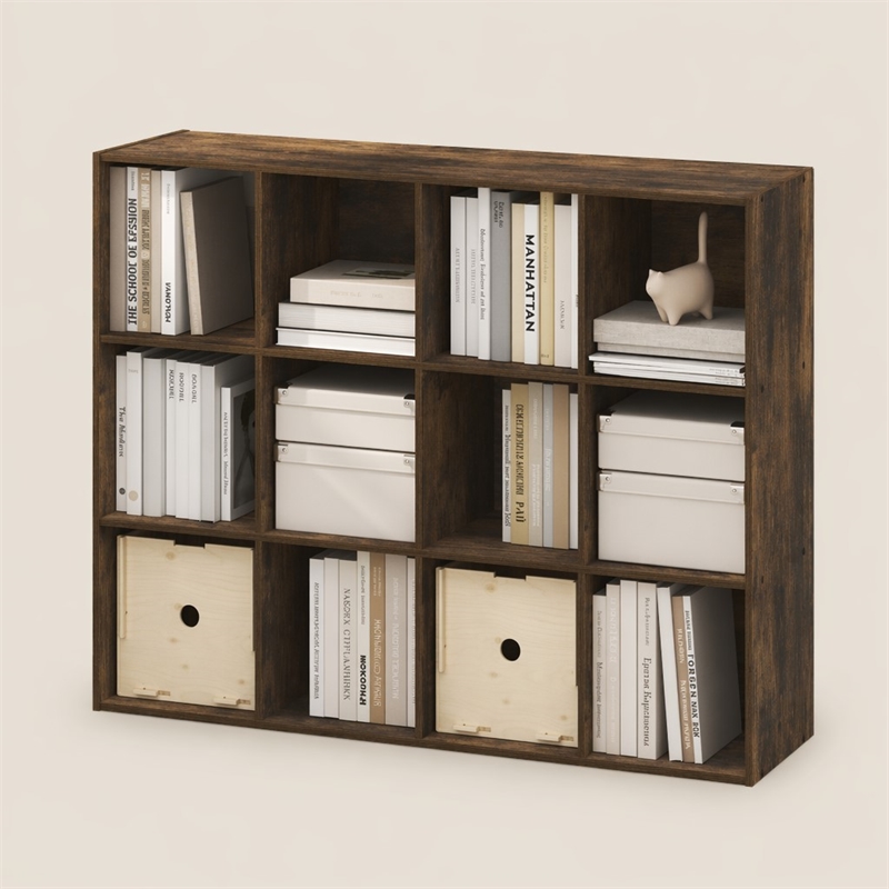 Scranton & Co 12-Cube Storage Bookshelf in Amber Pine for Living Room/Bedroom