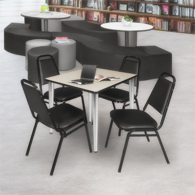 scranton & co 36&quot square table with chrome base and 4 black cafe chairs