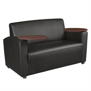Scranton & Co Tablet Arm Vinyl Loveseat with Cup Holders in Black/Java