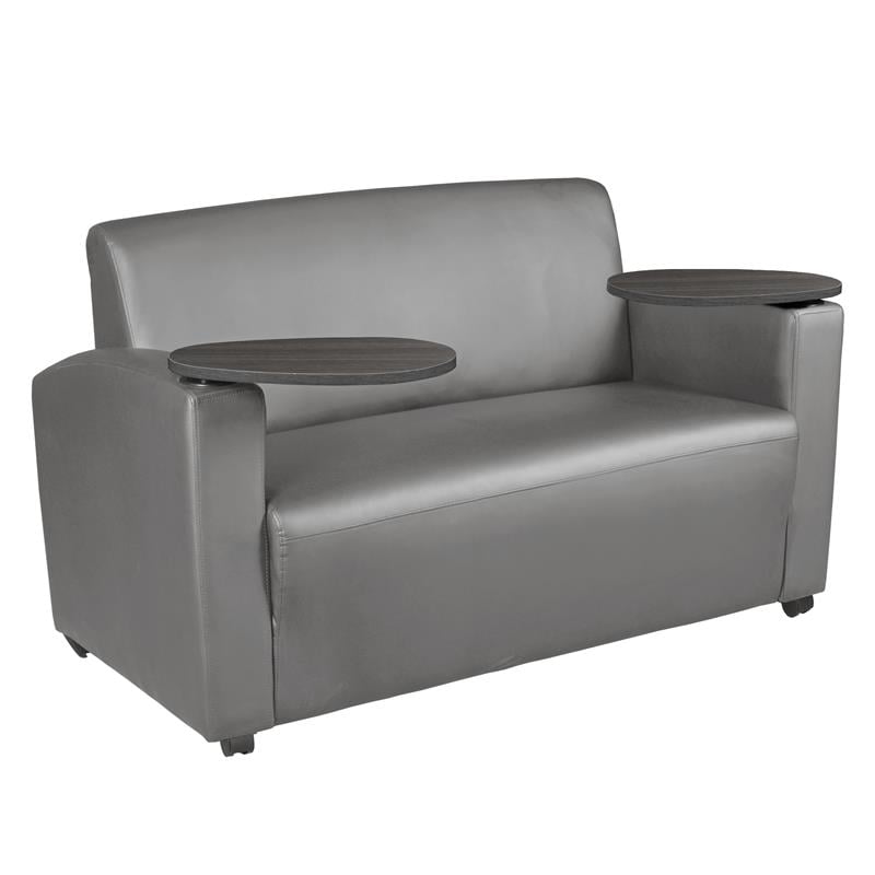 Scranton & Co Tablet Arm Vinyl Loveseat with Cup Holders in Gray/Ash Gray