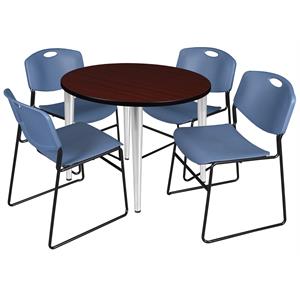 Scranton & Co 42&quot Round Mahogany Table & 4 Blue Poly Chairs on Chrome Base