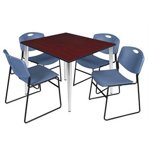 Scranton & Co 48&quot Square Mahogany Table & 4 Blue Poly Chairs on Chrome Base