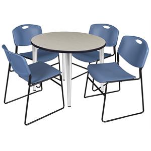 Scranton & Co 42&quot Round Maple Table with Chrome Base and 4 Blue Poly Chairs