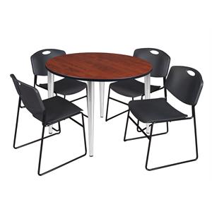 Scranton & Co 48&quot Round Cherry Table with Chrome Base & 4 Black Poly Chairs